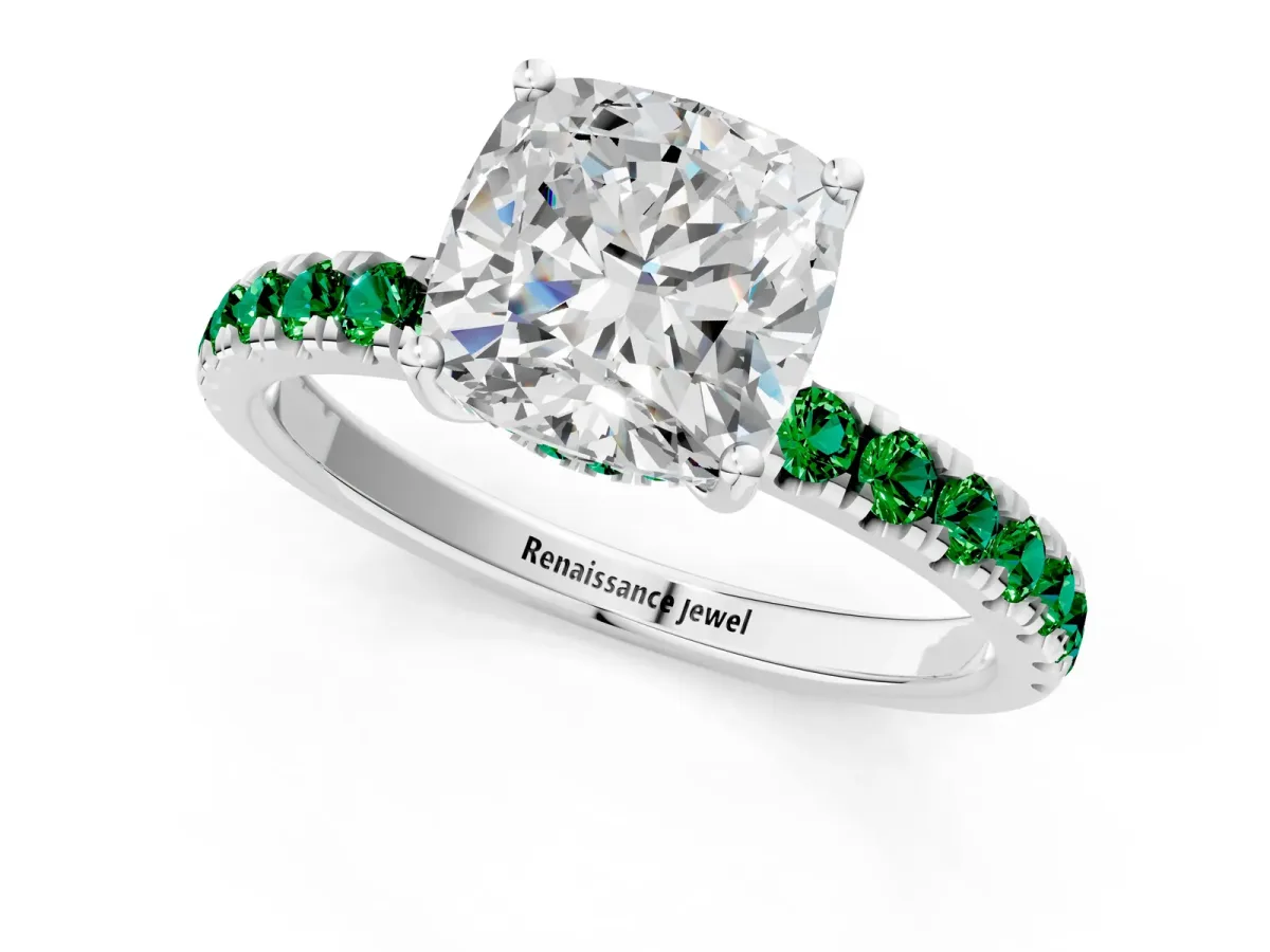 Cushion Cut Diamond Pave Band Solitaire Ring with Round Emerald and Prong Setting Platinum
