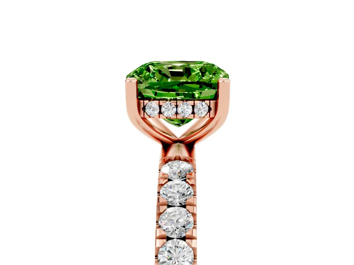 Cushion Cut Peridot Pave Band Solitaire Ring with Round and Prong Setting Rose gold