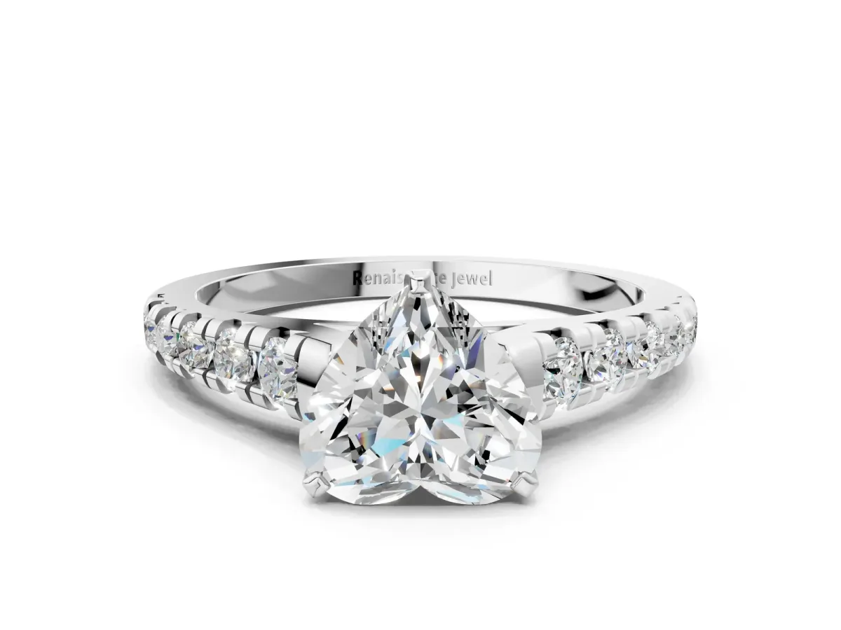 Heart Cut Diamond Cathedral Solitaire Ring with Round Moissanite Pavé Band Silver