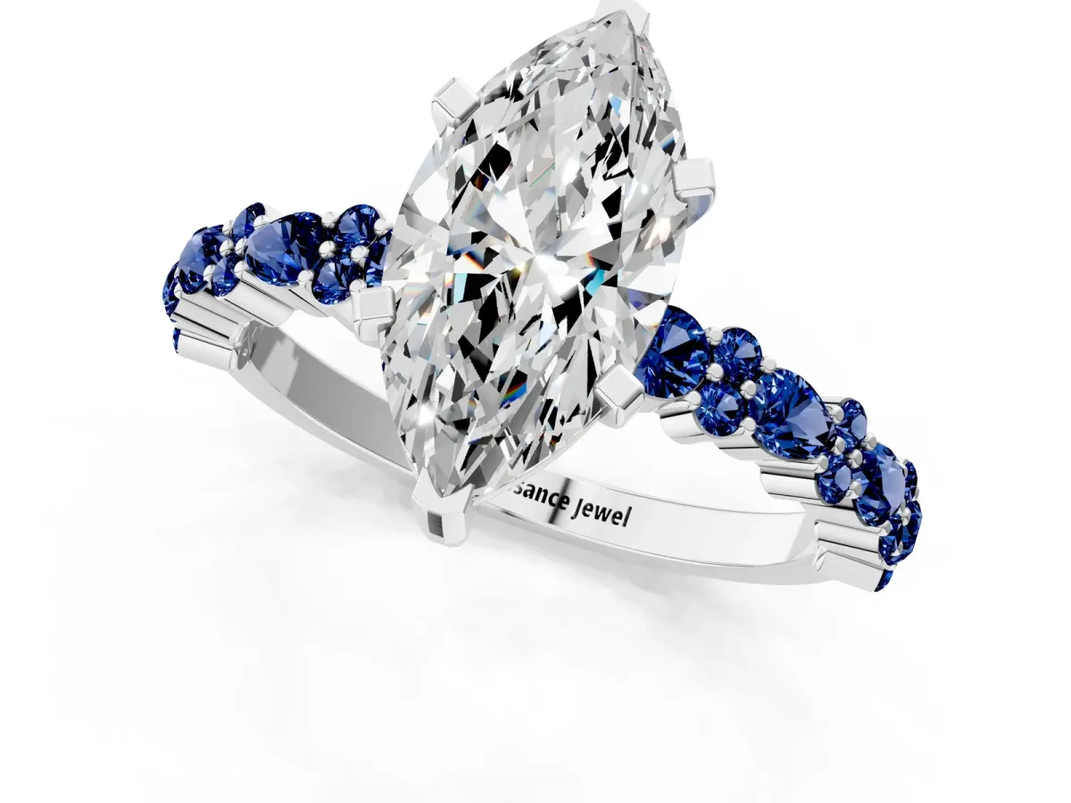Marquise Cut Diamond Side Stone Solitaire Ring with Round Blue Sapphire and Four-Prong Setting White gold