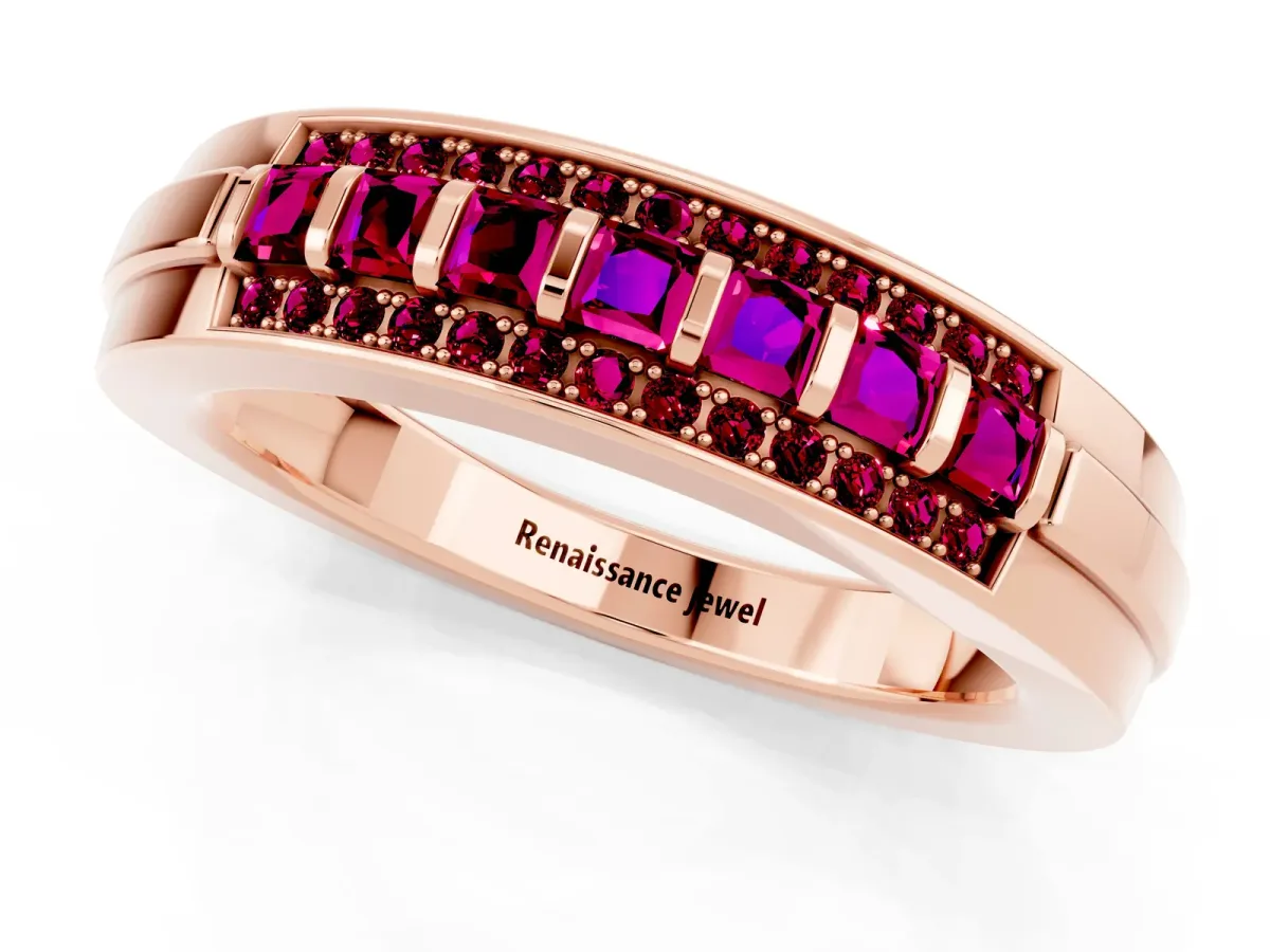 Bar-Set Princess Cut Garnet Pavé Band Rose gold