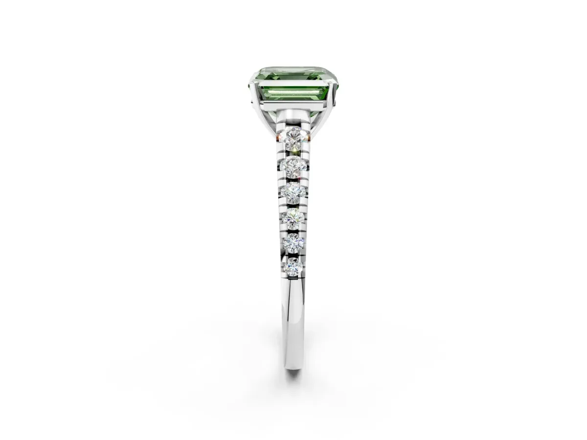 Fancy Green Asscher Cut Diamond Cathedral Solitaire Ring with Round Pavé Band Platinum
