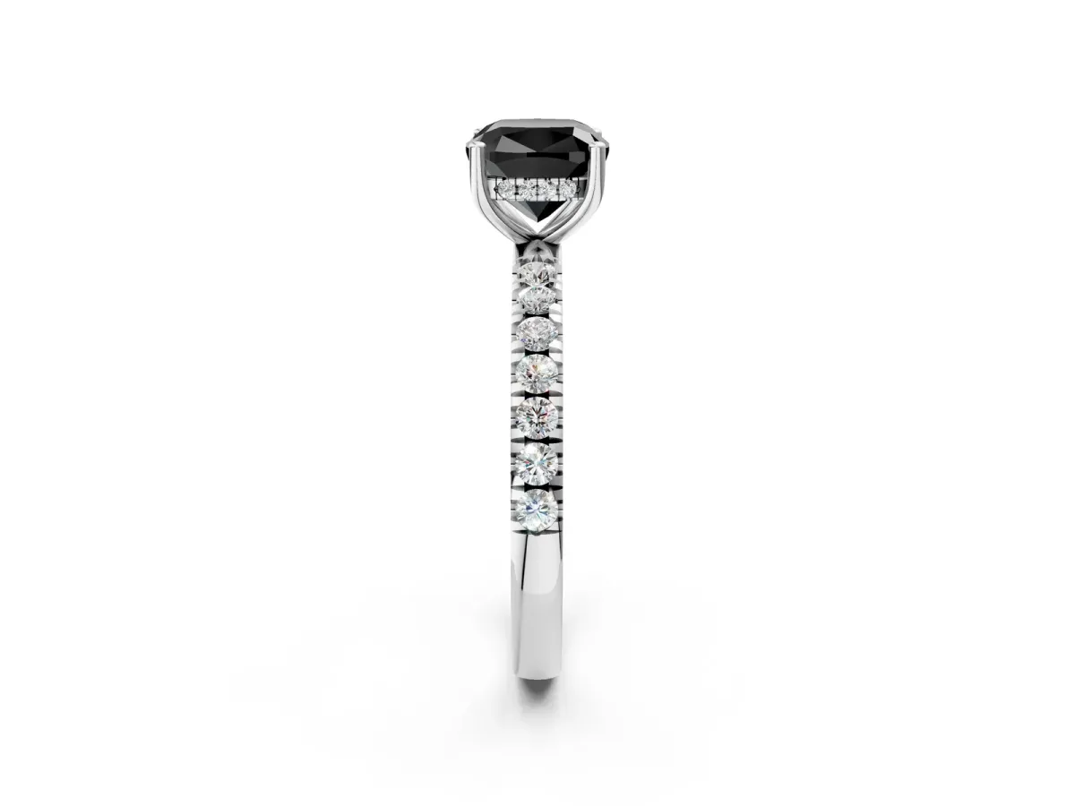 Fancy Black Cushion Cut Diamond Pave Band Solitaire Ring with Round and Prong Setting Silver