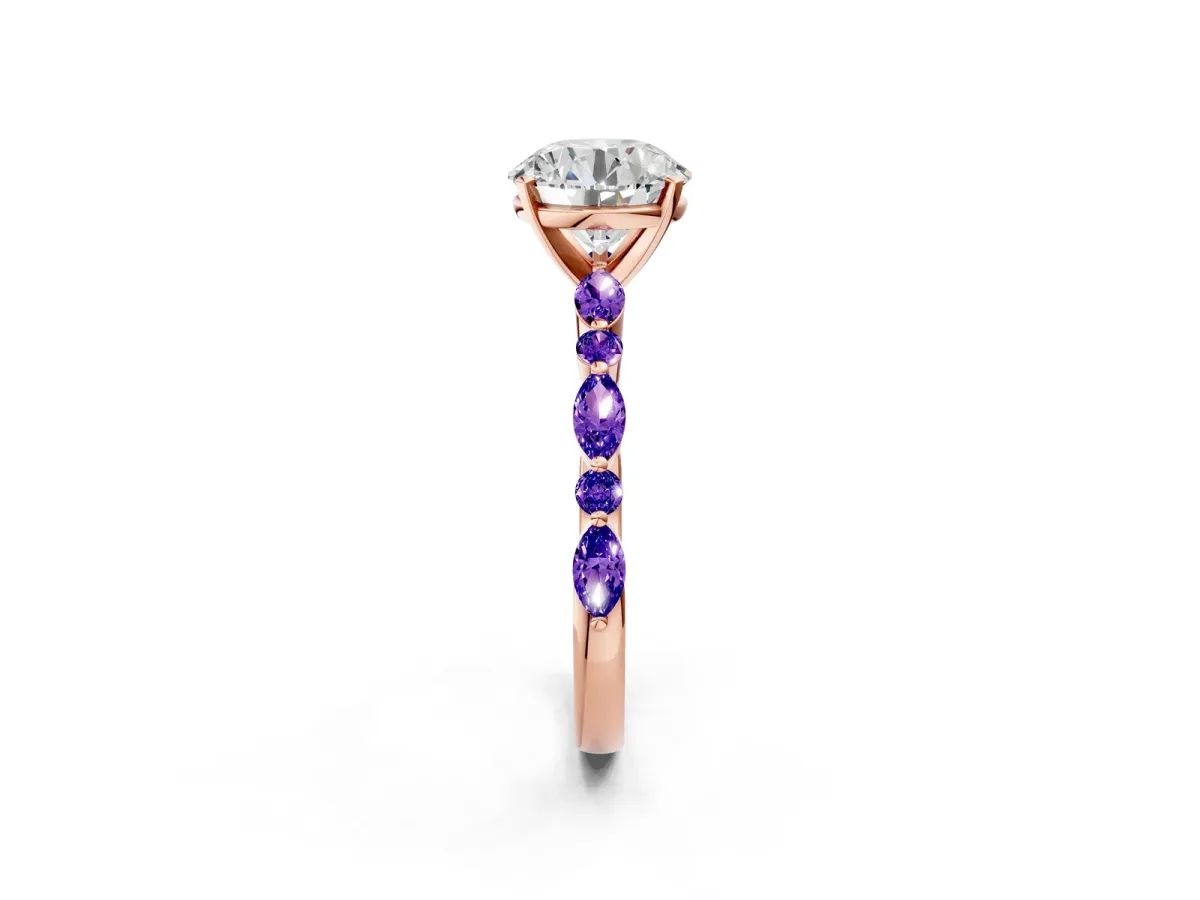 Round Cut Diamond Ring with Marquise and Round Tanzanite Side Stones and Four-Prong Setting Rose gold