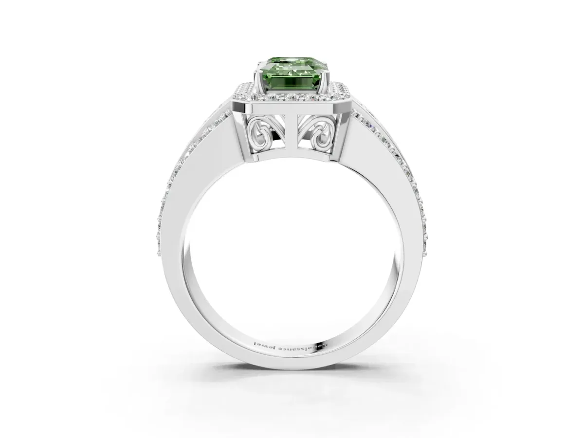 Fancy Green Emerald Cut Halo Diamond Ring with Round Split Shank and Prong Setting White gold