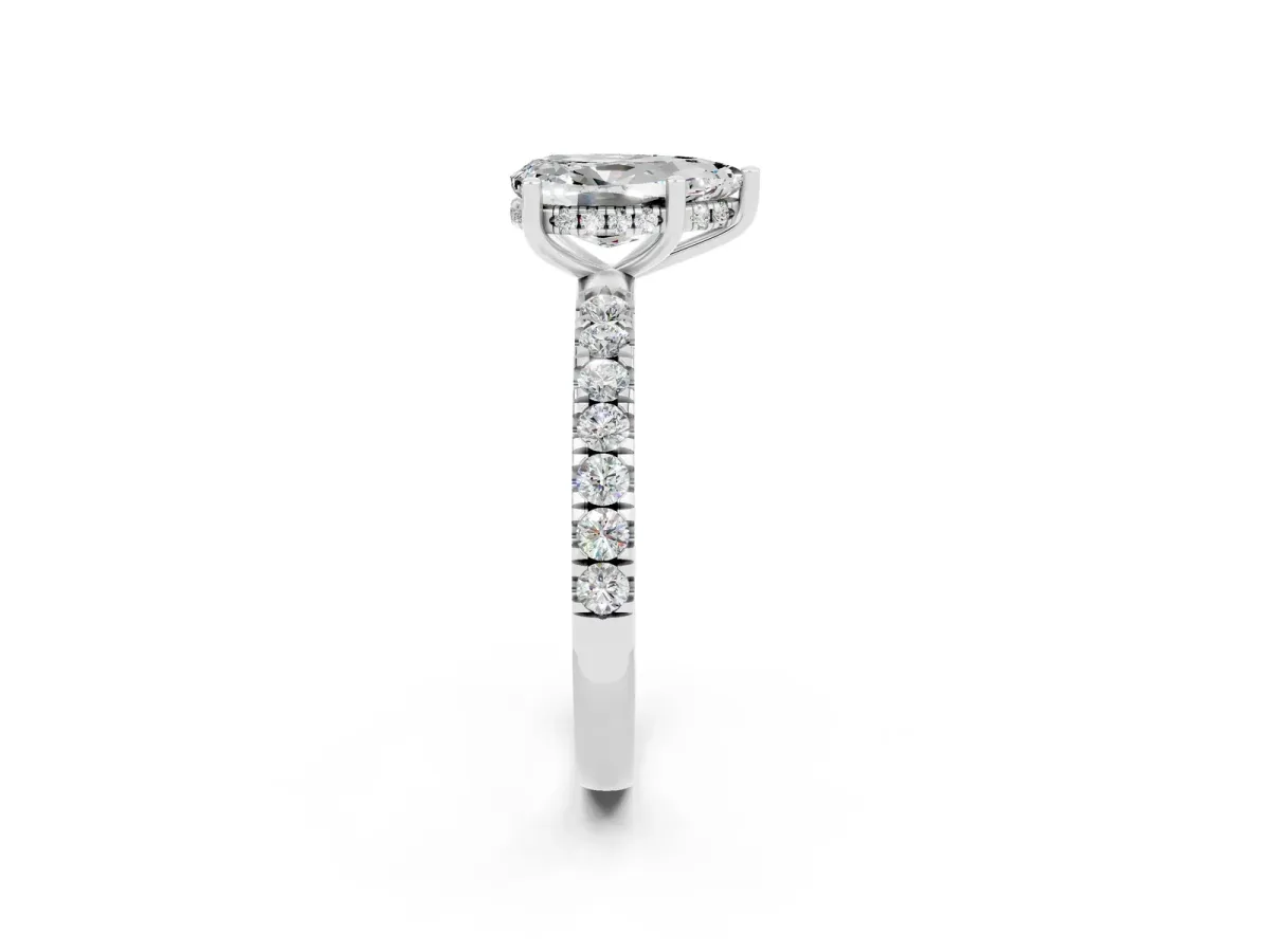 Pear Cut Moissanite Pave Band Solitaire Ring with Round and Prong Setting White gold