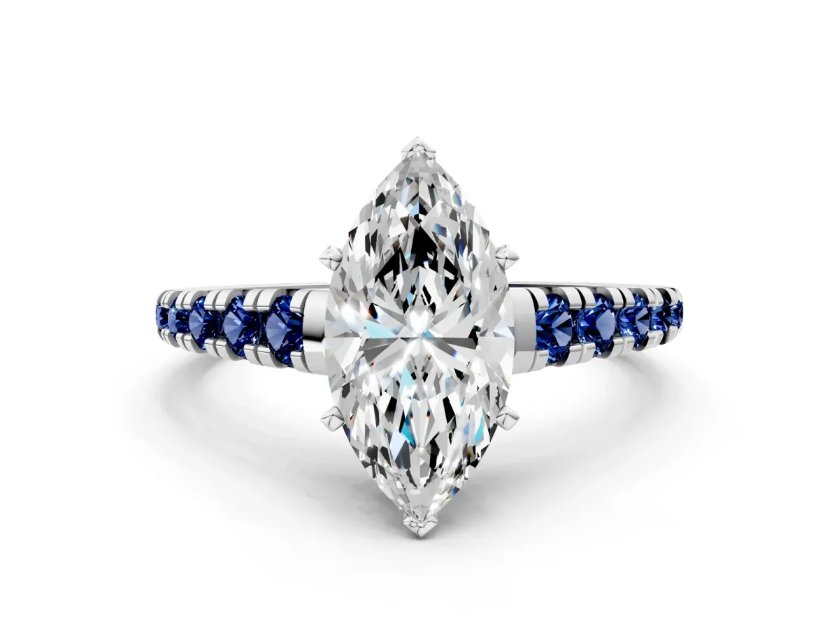 Marquise Cut Diamond Cathedral Solitaire Ring with Round Blue Sapphire Pavé Band Platinum