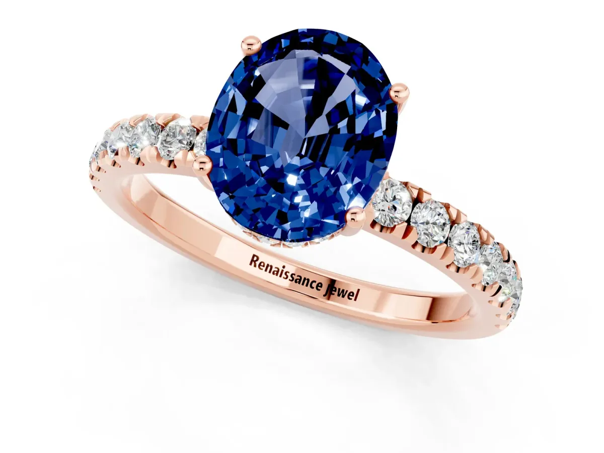Oval Cut Blue Sapphire Pave Band Solitaire Ring with Round and Prong Setting Rose gold