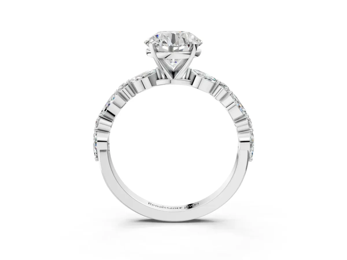 Round Cut Diamond Ring with Marquise and Round Moissanite Side Stones and Four-Prong Setting Silver