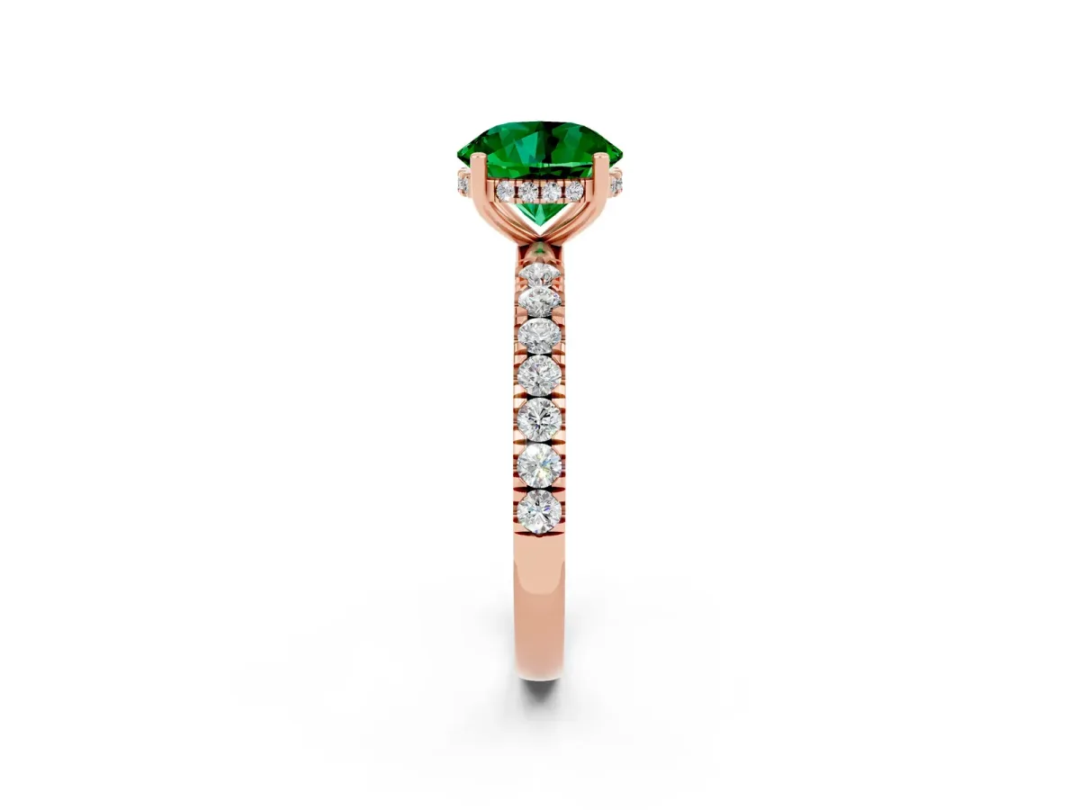 Round Cut Emerald Pave Band Solitaire Ring with Round and Prong Setting Rose gold