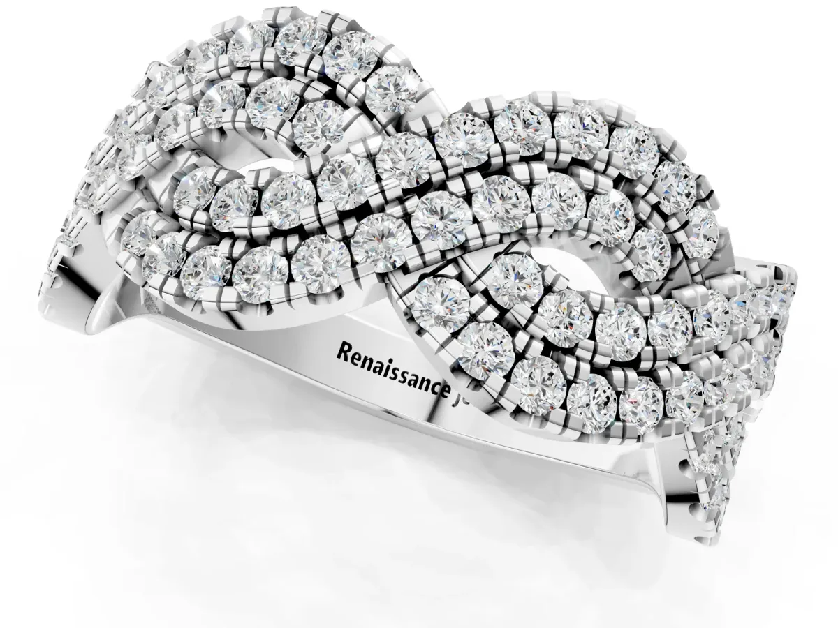 Pavé Round Diamond Infinity Twist Band with Shared Prong Setting White gold