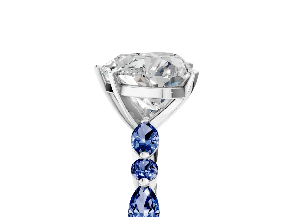 Heart Cut Diamond Ring with Marquise and Round Blue Sapphire Side Stones and Four-Prong Setting Silver