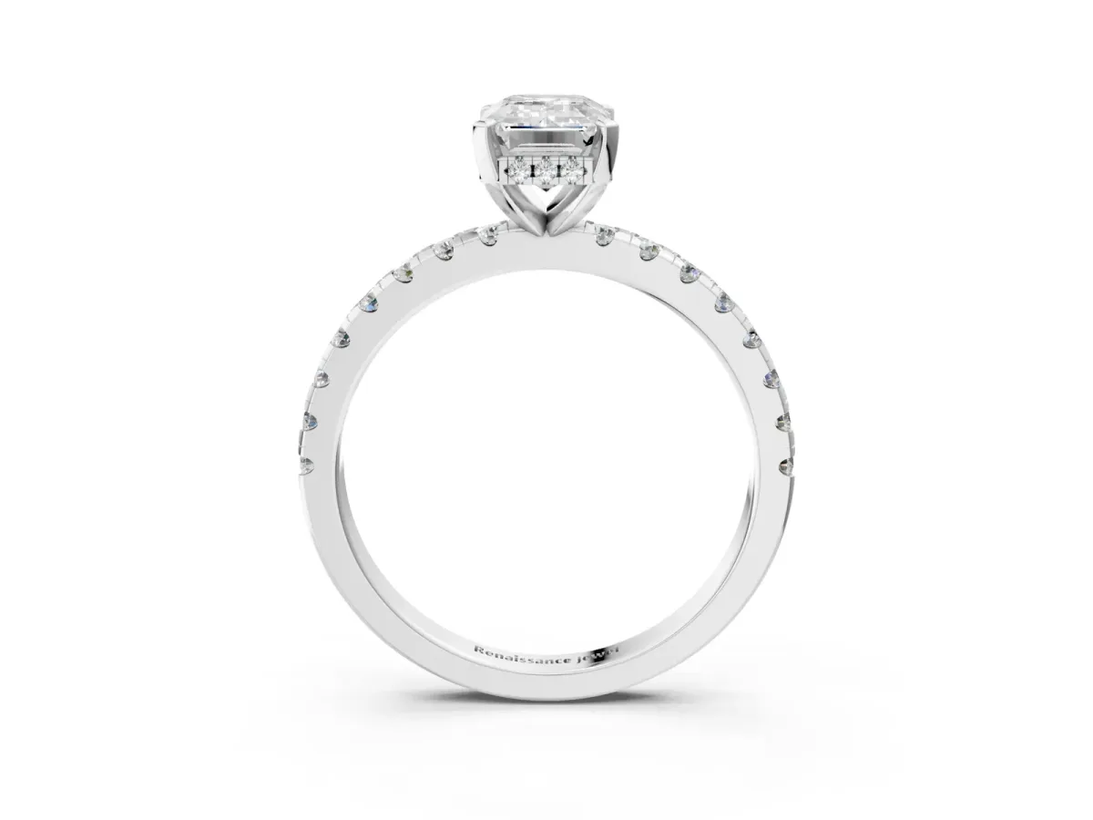 Emerald Cut Diamond Solitaire Ring with Round Pavé Band and Four-Prong Setting Platinum