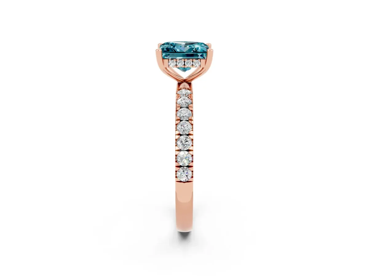 Princess Cut Blue Topaz Pave Band Solitaire Ring with Round and Prong Setting Rose gold