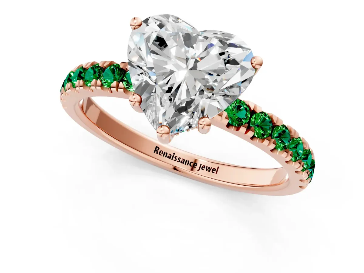 Heart Cut Diamond Pave Band Solitaire Ring with Round Emerald and Prong Setting Rose gold