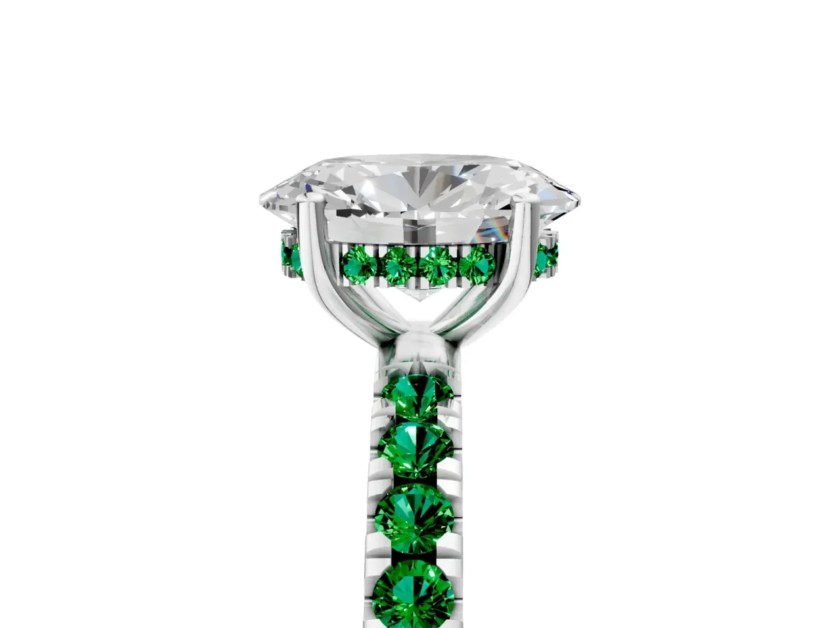 Oval Cut Diamond Pave Band Solitaire Ring with Round Emerald and Prong Setting White gold