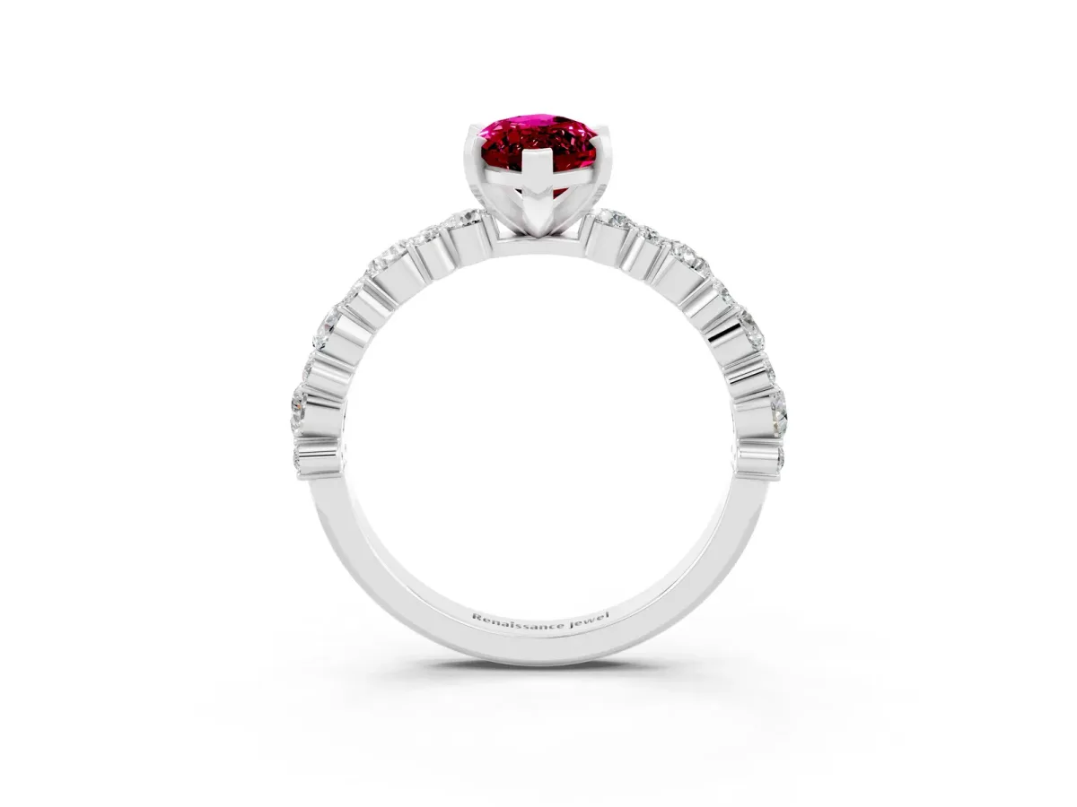 Marquise Cut Garnet Side Stone Solitaire Ring with Round and Four-Prong Setting White gold
