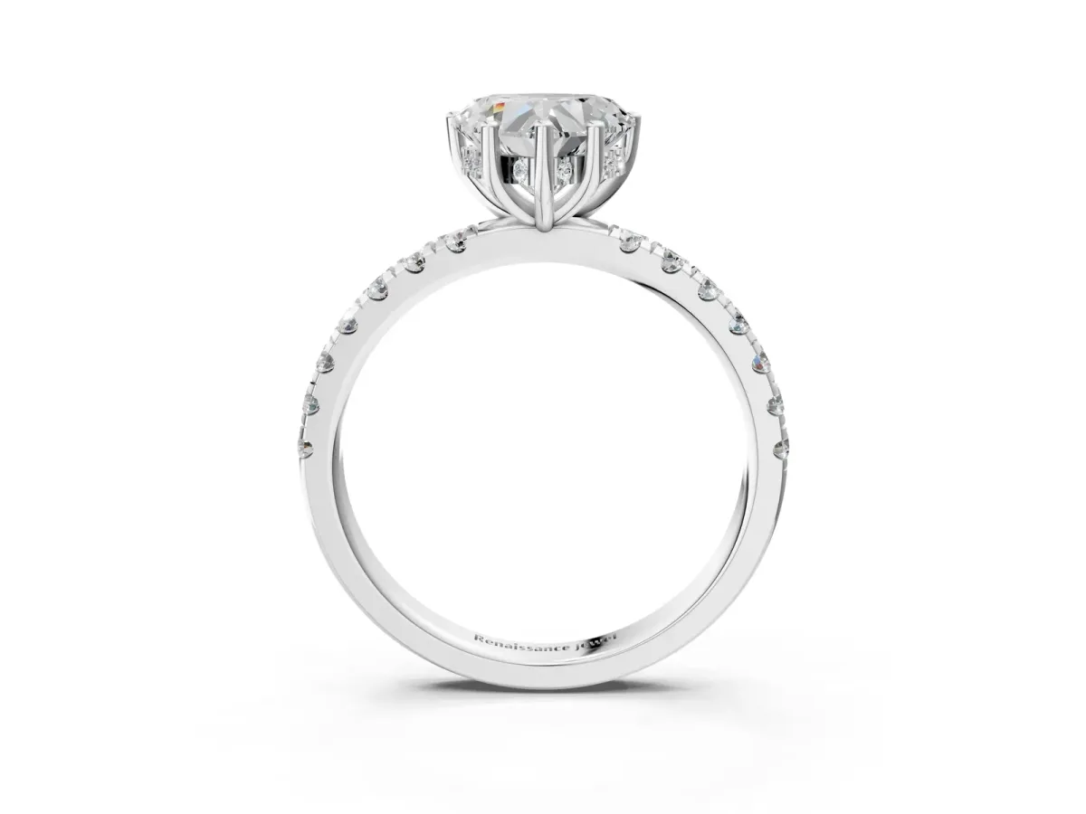 Heart Cut Diamond Pave Band Solitaire Ring with Round Moissanite and Prong Setting Platinum