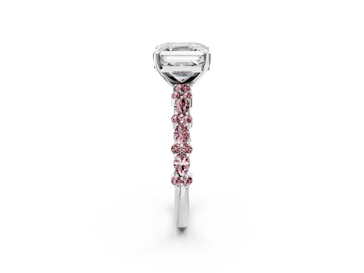 Asscher Cut Diamond Side Stone Solitaire Ring with Round Morganite and Four-Prong Setting Platinum