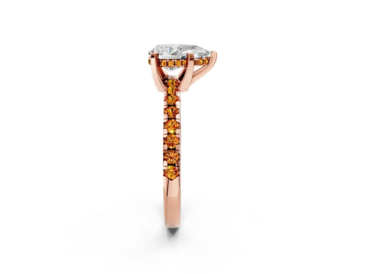 Pear Cut Diamond Solitaire Ring with Round Citrine Pavé Band and Four-Prong Setting Rose gold
