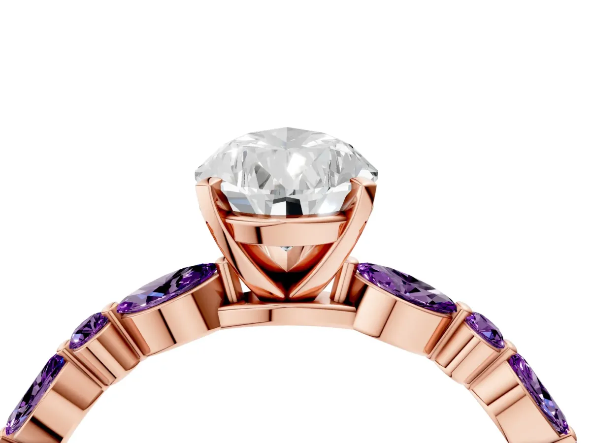 Pear Cut Diamond Ring with Marquise and Round Amethyst Side Stones and Four-Prong Setting Rose gold