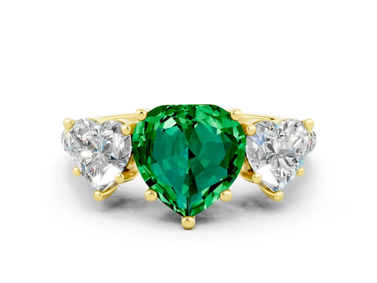 Three-Stone Heart Cut Emerald Ring with Round Pavé Band and Prong Setting Yellow gold