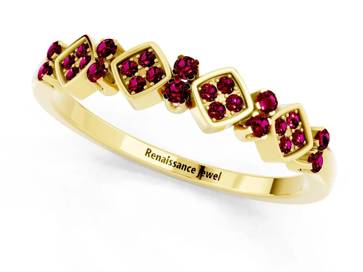 Pavé Cushion Garnet Cluster Eternity Band with Prong Setting Yellow gold