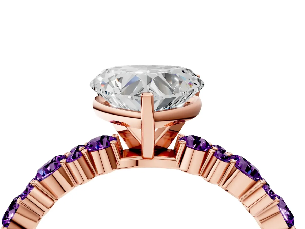 Heart Cut Diamond Side Stone Solitaire Ring with Round Amethyst and Four-Prong Setting Rose gold