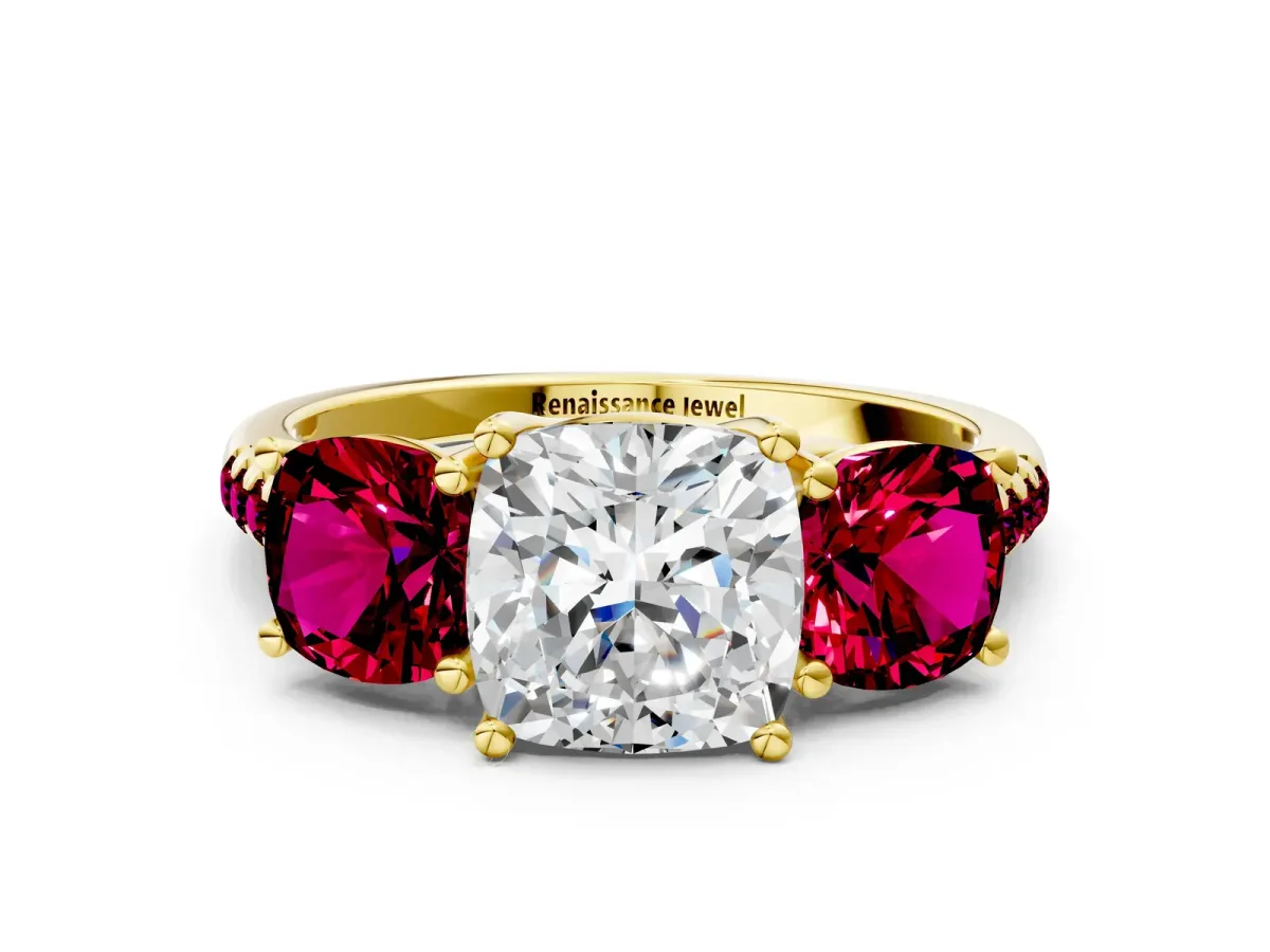 Three-Stone Cushion Cut Diamond Ring with Round Garnet Pavé Band and Prong Setting Yellow gold