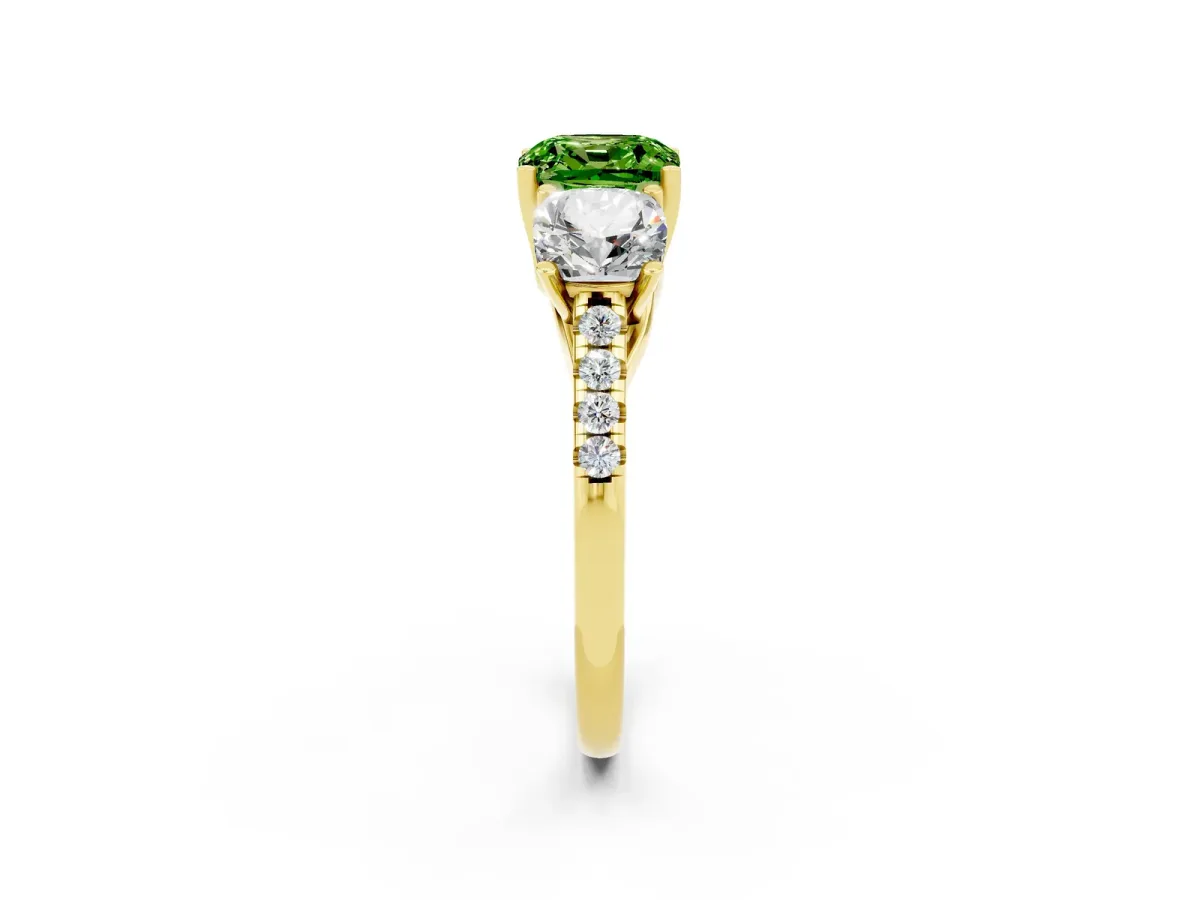 Three-Stone Cushion Cut Peridot Ring with Round Pavé Band and Prong Setting Yellow gold