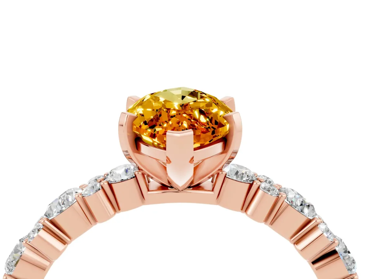 Marquise Cut Citrine Side Stone Solitaire Ring with Round and Four-Prong Setting Rose gold