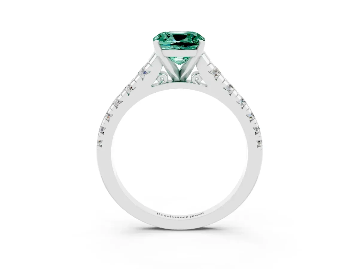 Cushion Cut Green Sapphire Cathedral Solitaire Ring with Round Pavé Band Silver