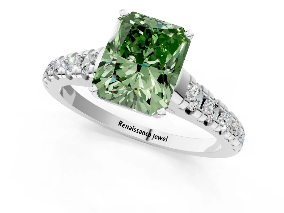 Fancy Green Radiant Cut Diamond Cathedral Solitaire Ring with Round Pavé Band Platinum
