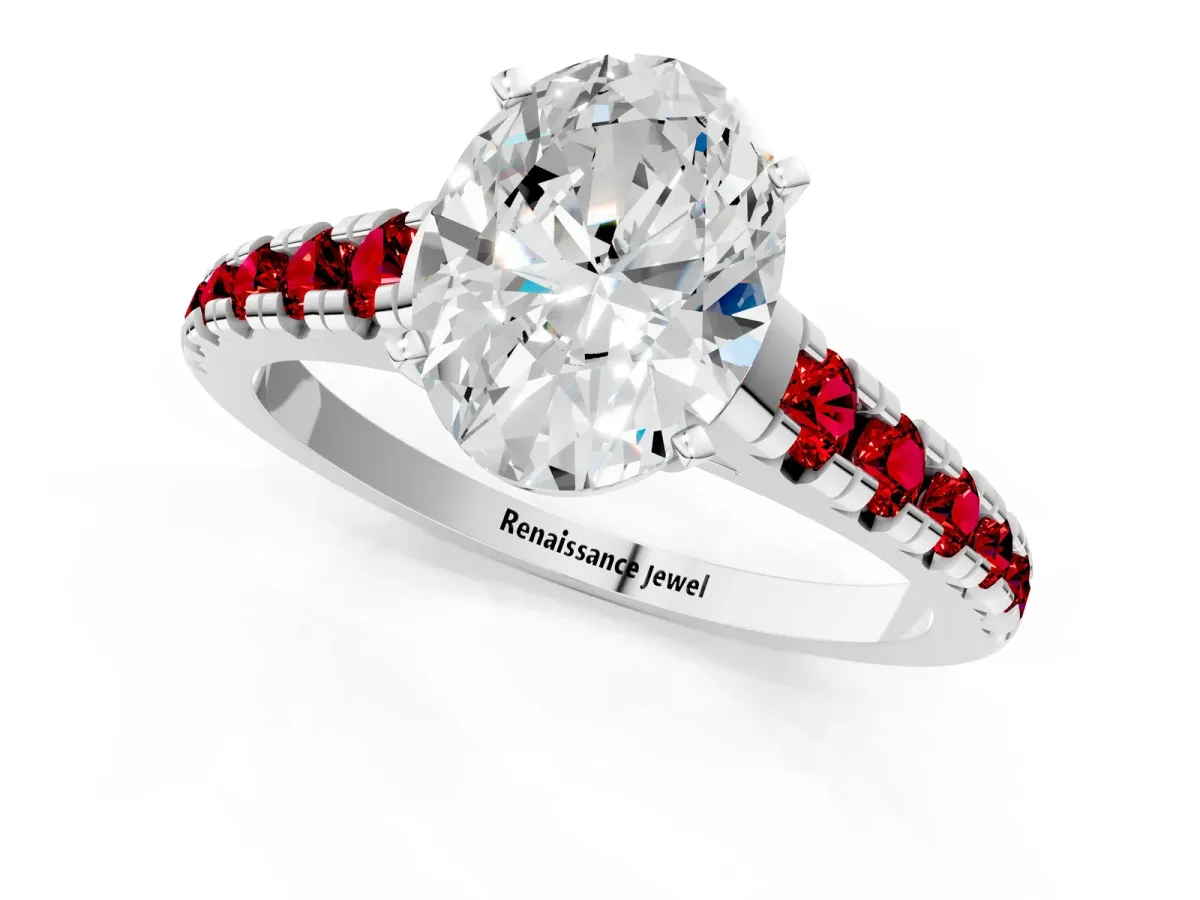 Oval Cut Diamond Cathedral Solitaire Ring with Round Ruby Pavé Band Platinum