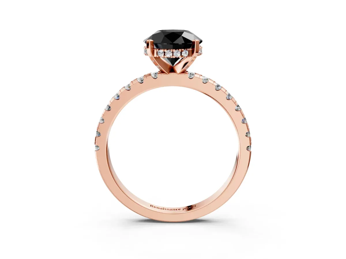 Fancy Black Round Cut Diamond Solitaire Ring with Round Pavé Band and Four-Prong Setting Rose gold