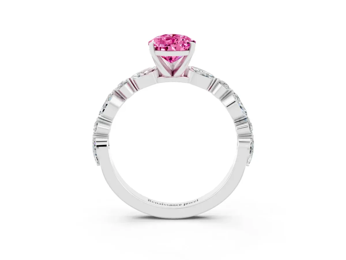 Pear Cut Pink Sapphire Ring with Marquise and Round Side Stones and Four-Prong Setting Silver