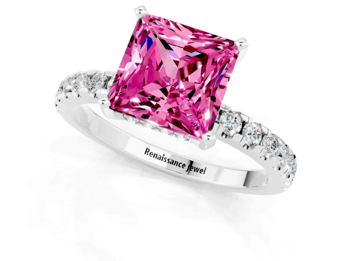 Princess Cut Pink Sapphire Solitaire Ring with Round Pavé Band and Four-Prong Setting Silver