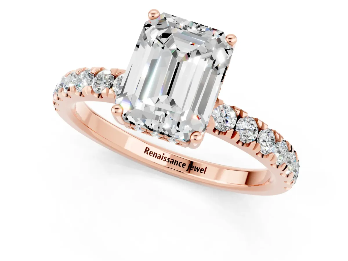 Emerald Cut Moissanite Pave Band Solitaire Ring with Round and Prong Setting Rose gold