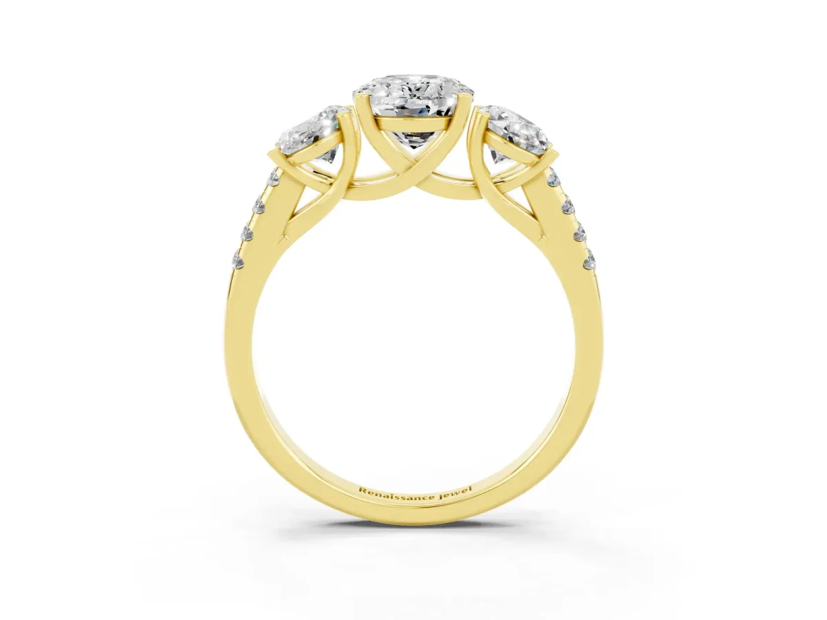 Three-Stone Oval Cut Moissanite Ring with Round Pavé Band and Prong Setting Yellow gold