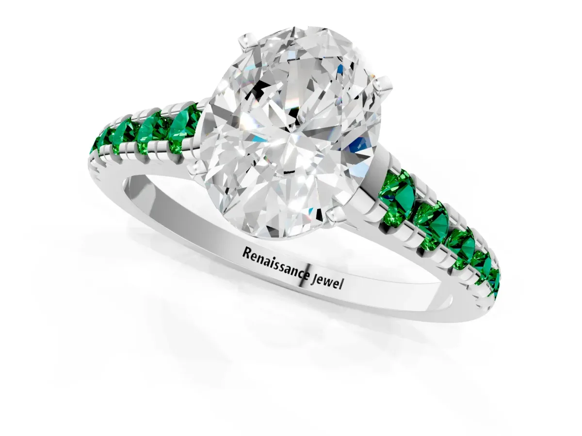 Oval Cut Diamond Cathedral Solitaire Ring with Round Emerald Pavé Band White gold