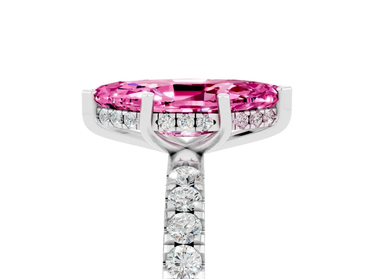 Marquise Cut Pink Sapphire Pave Band Solitaire Ring with Round and Prong Setting Platinum