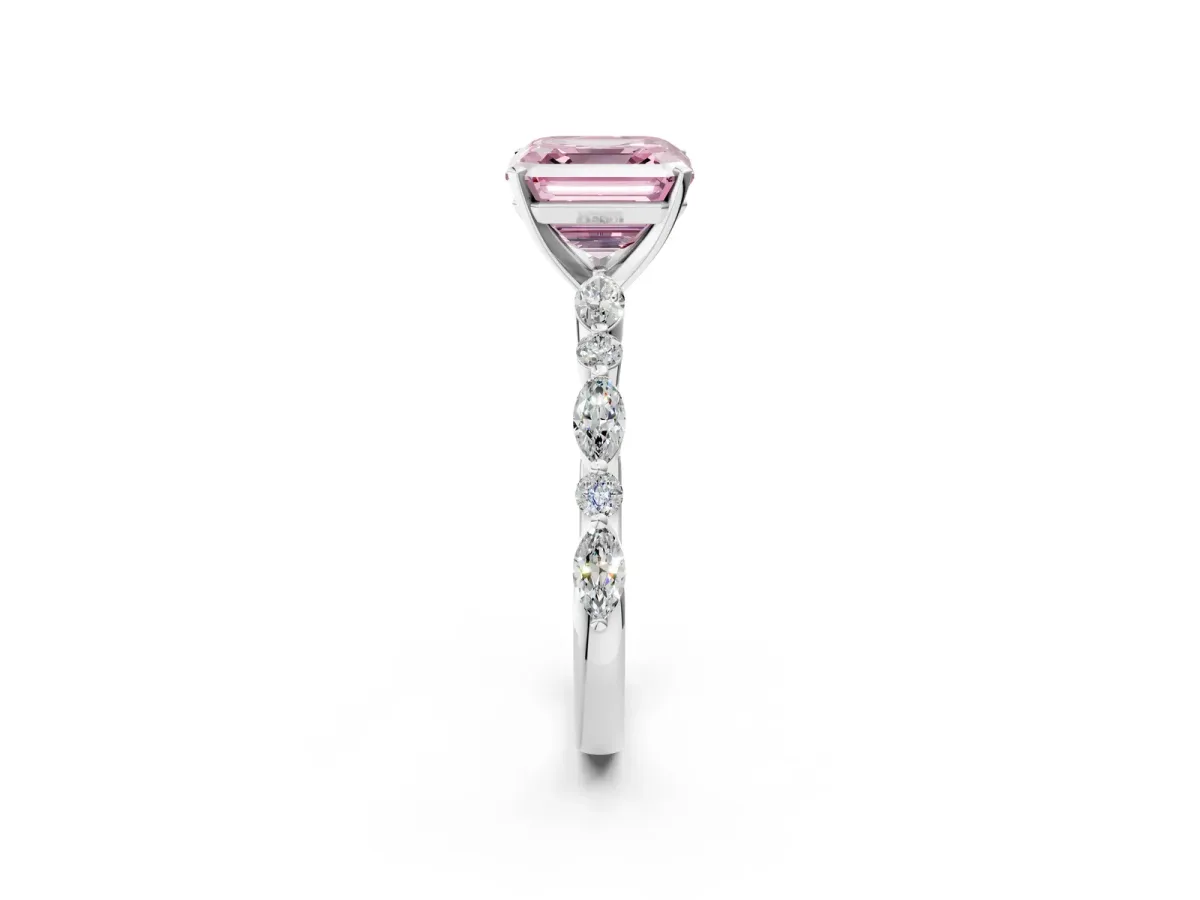 Fancy Pink Asscher Cut Diamond Ring with Marquise and Round Side Stones and Four-Prong Setting Platinum