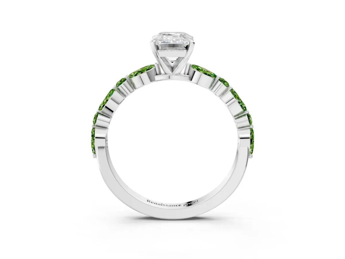 Emerald Cut Diamond Ring with Marquise and Round Peridot Side Stones and Four-Prong Setting White gold