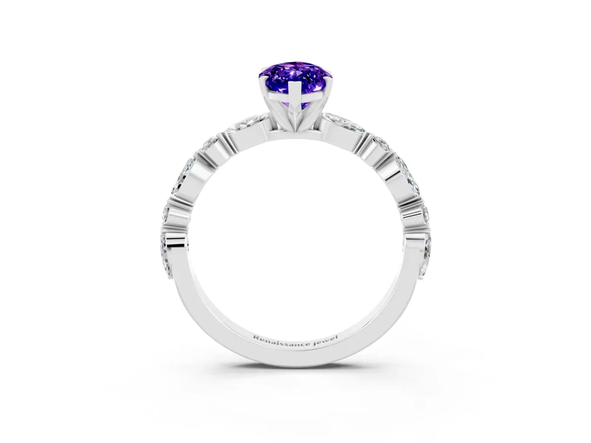 Marquise Cut Tanzanite Ring with Marquise and Round Side Stones and Four-Prong Setting Silver