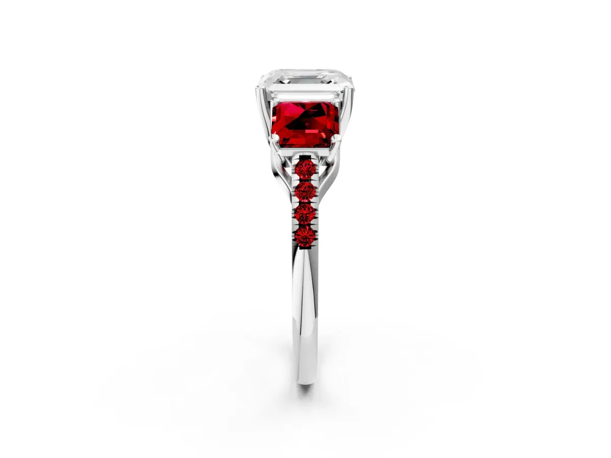 Three-Stone Asscher Cut Diamond Ring with Round Ruby Pavé Band and Prong Setting White gold