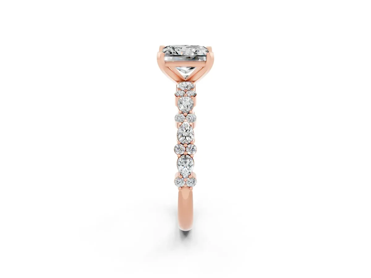 Princess Cut Moissanite Side Stone Solitaire Ring with Round and Four-Prong Setting Rose gold