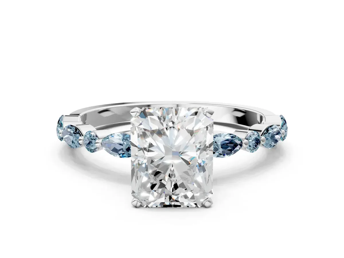Radiant Cut Diamond Ring with Marquise and Round Aquamarine Side Stones and Four-Prong Setting Silver