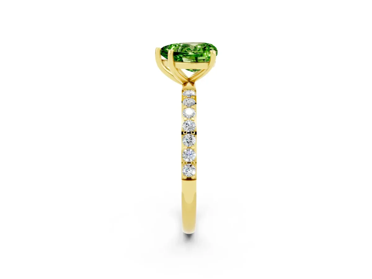 Heart Cut Peridot Solitaire Ring with Round Pavé Band and Prong Setting Yellow gold