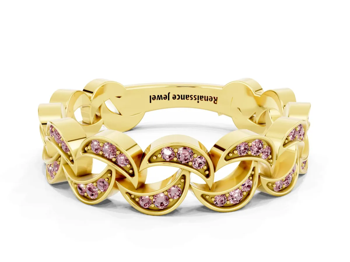 Pavé Round Morganite Interlocking Eternity Band with Bezel Prong Setting Yellow gold