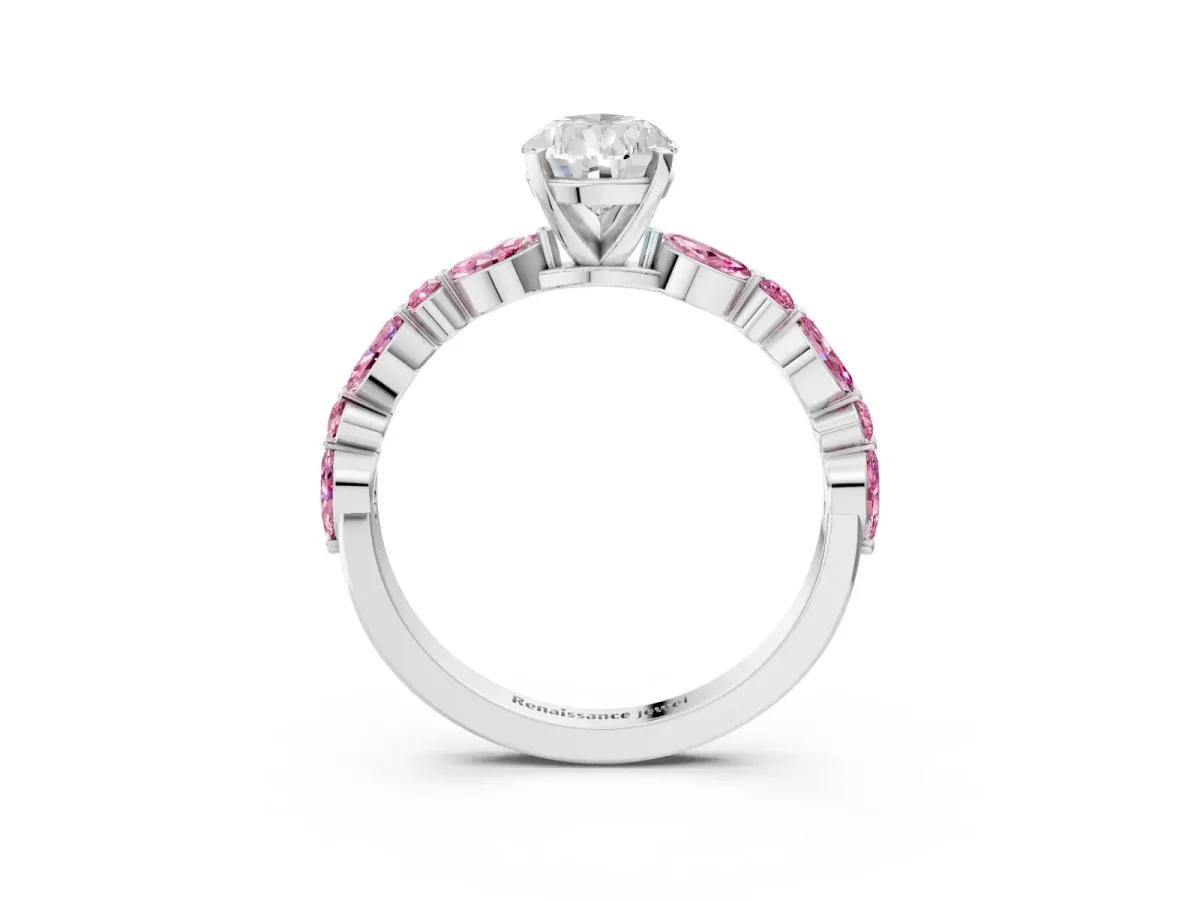 Pear Cut Diamond Ring with Marquise and Round Pink Sapphire Side Stones and Four-Prong Setting Silver
